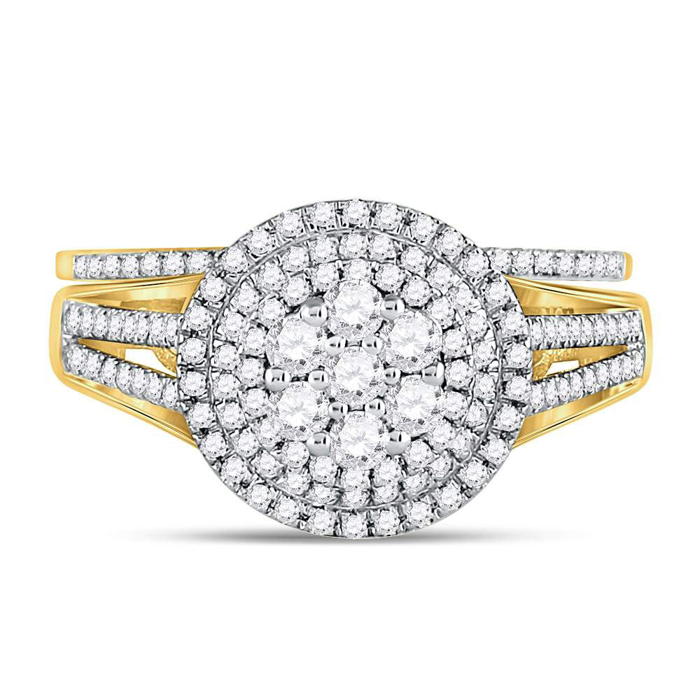 10K Yellow Gold Round Diamond Cluster Bridal Wedding Ring Band Set 7/8 Cttw, Womens Size: 5-10