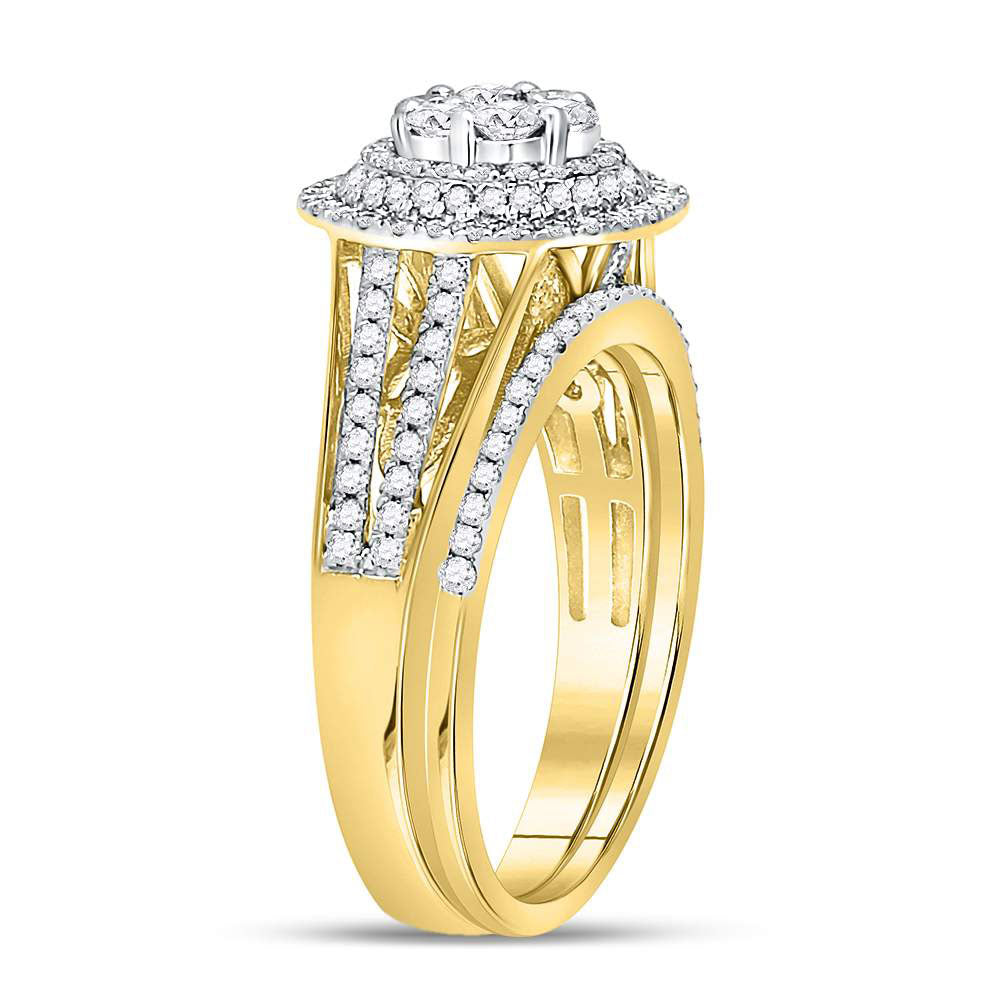 10K Yellow Gold Round Diamond Cluster Bridal Wedding Ring Band Set 7/8 Cttw, Womens Size: 5-10