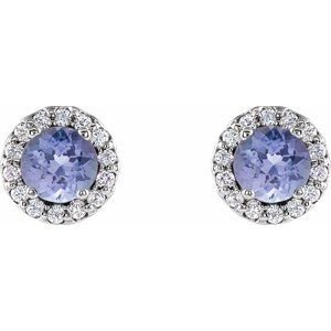 14K White Gold Round 4 Mm Natural Tanzanite And 1/10 Ctw Natural Diamond Earrings