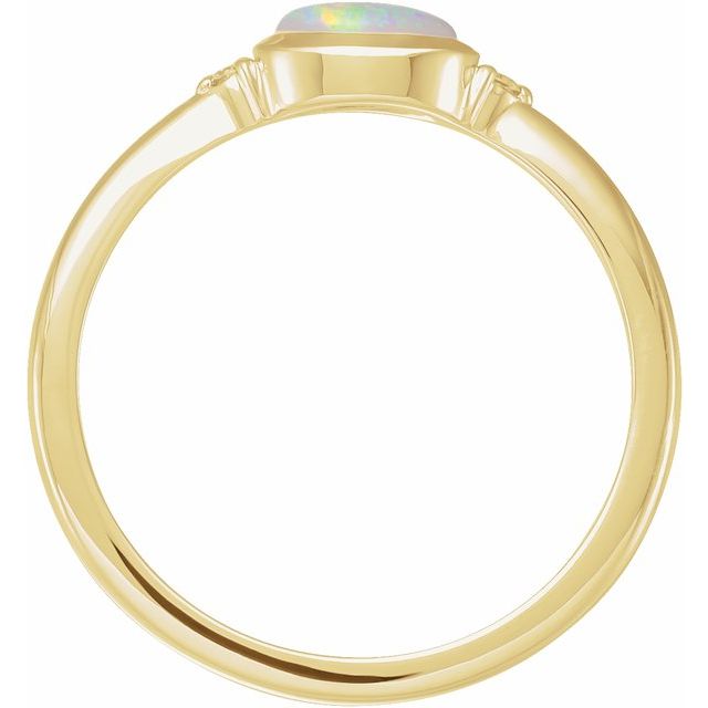 14K Yellow Gold Oval 6 X 4 Mm Polished Natural Ethiopian Opal And .03 Ctw Natural Diamond Bezel-Set Cabochon Ring, Size 7