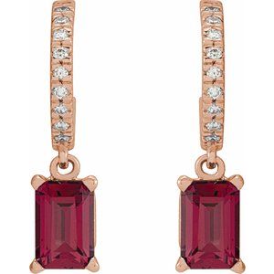 14K Rose Gold Emerald 6 X 4 Mm Natural Rhodolite Garnet And .08 Ctw Natural Diamond French-Set Earrings