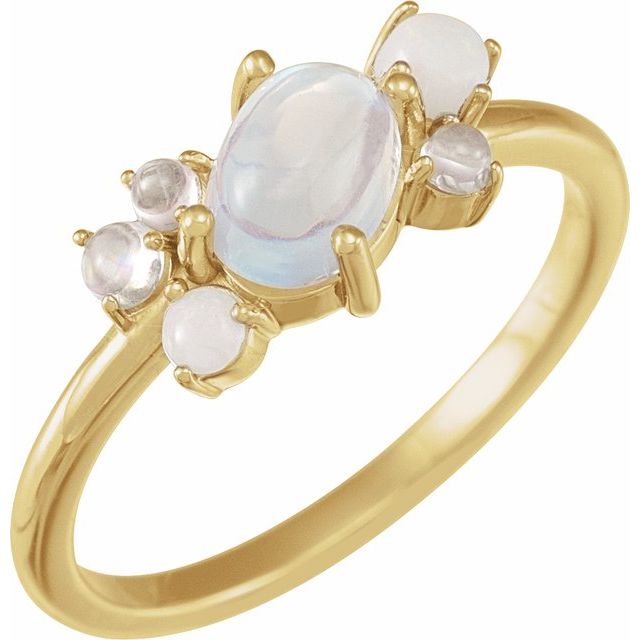 14K Yellow Gold Oval 7 X 5 Mm Polished Natural Rainbow Moonstone And Multi-Gemstone Scattered Cabochon Ring, Size 7