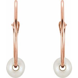 14K Rose Gold Pearl 3 Mm Cultured White Freshwater Pearl Youth Hoop Earrings