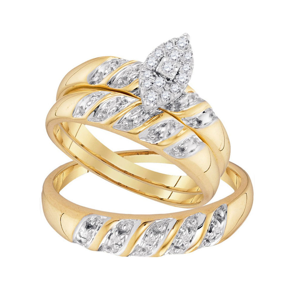 10K Yellow Gold His Hers Round Diamond Cluster Matching Wedding Set 1/8 Cttw, Womens Size: 5-10, Mens Size: 7-13