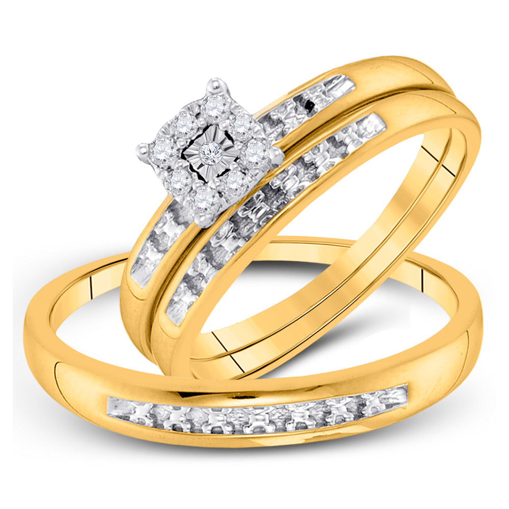 10K Yellow Gold His Hers Round Diamond Cluster Matching Wedding Set 1/10 Cttw, Womens Size: 5-10, Mens Size: 7-13