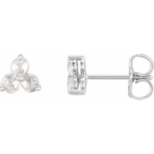 14K White Gold 2.5 Mm Round Friction Back Polished 1/5 Ctw Rose-Cut Natural Diamond 3-Stone Earrings