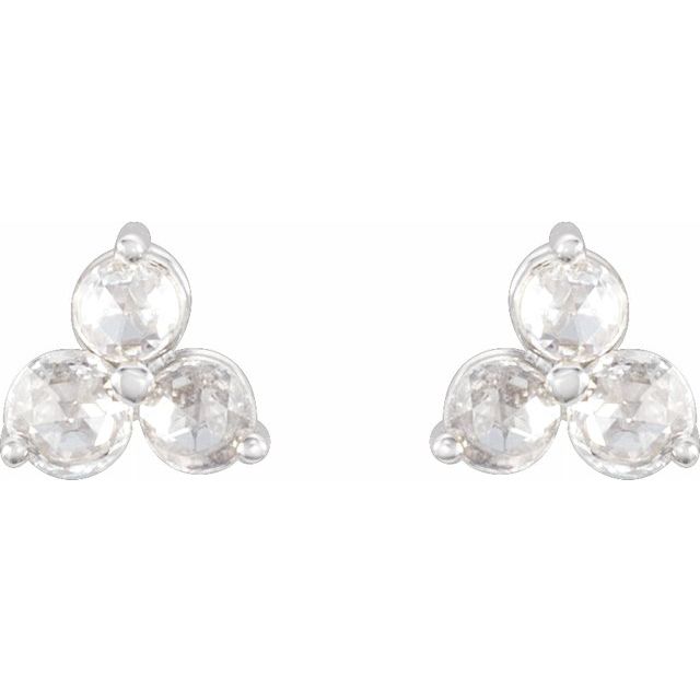 14K White Gold 2.5 Mm Round Friction Back Polished 1/5 Ctw Rose-Cut Natural Diamond 3-Stone Earrings