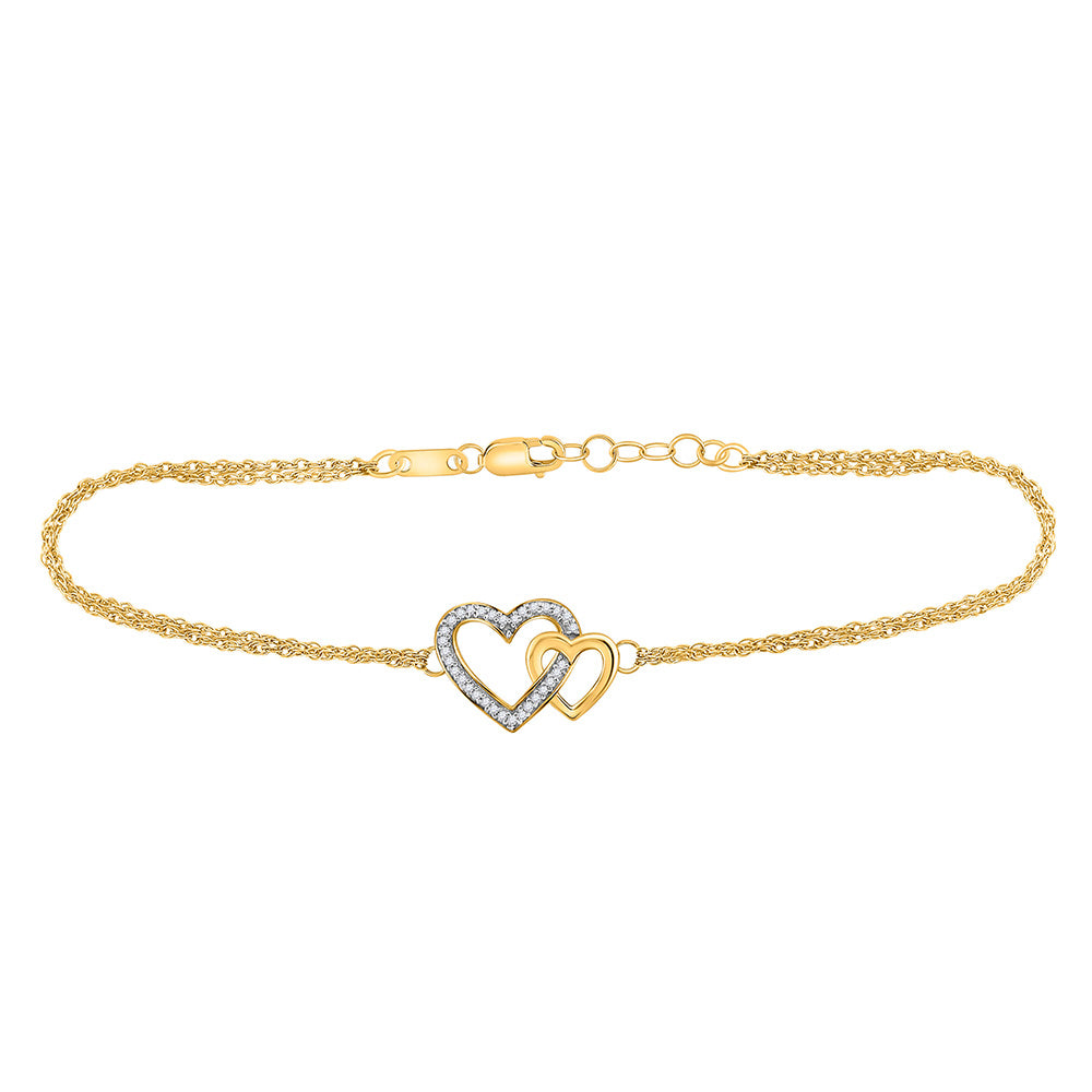 10K Yellow Gold Womens Round Diamond Double Heart Bracelet 1/10 Cttw