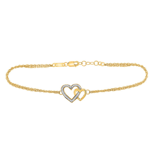 10K Yellow Gold Womens Round Diamond Double Heart Bracelet 1/10 Cttw