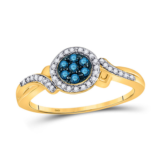 10K Yellow Gold Womens Round Blue Color Enhanced Diamond Cluster Ring 1/4 Cttw, Womens Size: 5-10
