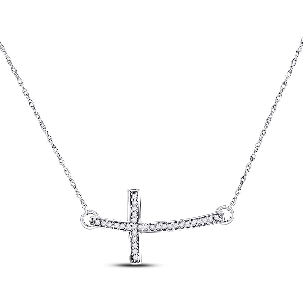10K White Gold Womens Round Diamond Horizontal Cross Pendant Necklace 1/10 Cttw, Length: 0.44 In, Width: 0.77 In