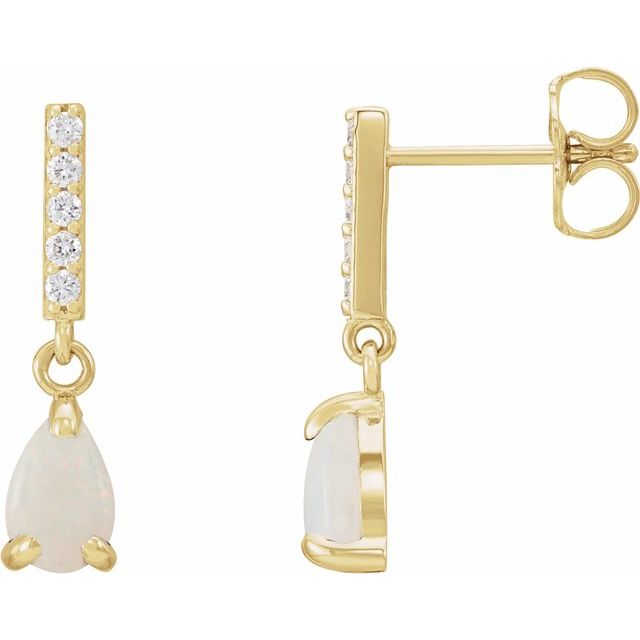 14K Yellow Gold Pear 6 X 4 Mm Friction Backs Polished Natural White Opal And .08 Ctw Natural Diamond Dangle Earrings
