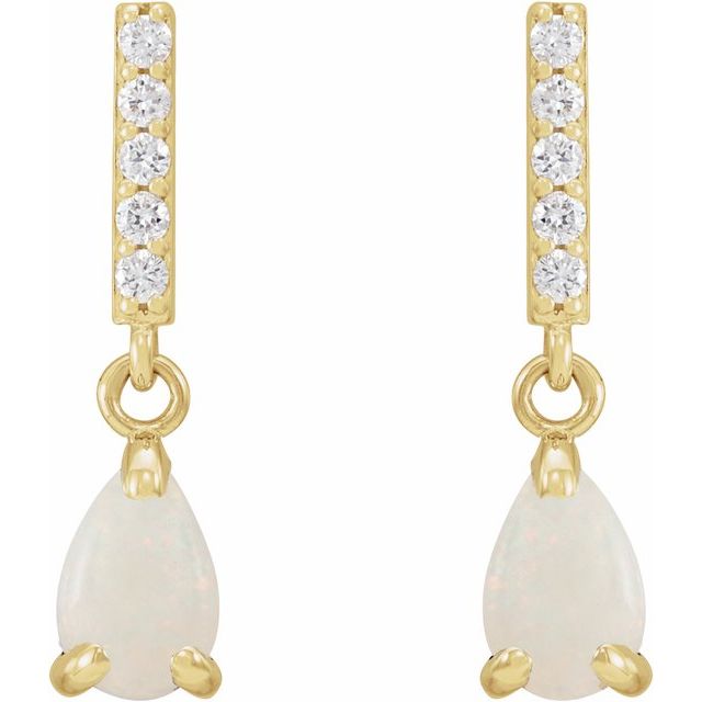 14K Yellow Gold Pear 6 X 4 Mm Friction Backs Polished Natural White Opal And .08 Ctw Natural Diamond Dangle Earrings