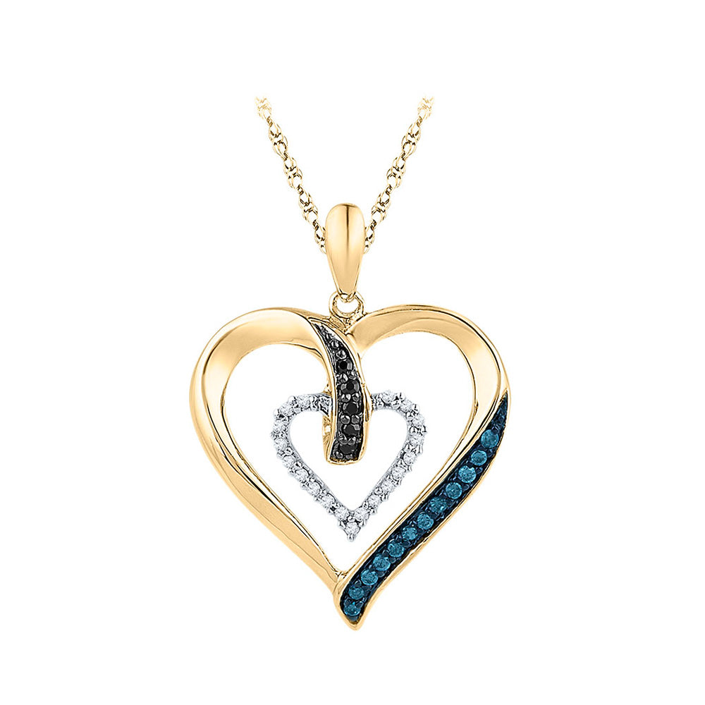 10K Yellow Gold Womens Round Blue Color Enhanced Diamond Heart Pendant 1/6 Cttw, Width: 0.74 In