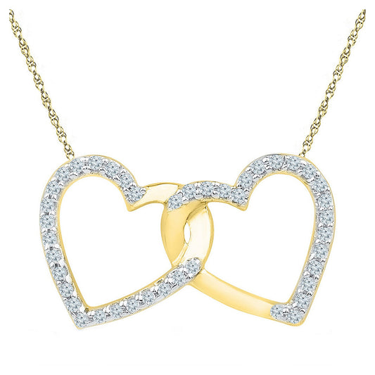 10K Yellow Gold Womens Round Diamond Double Linked Heart Pendant 1/6 Cttw, Width: 0.63 In