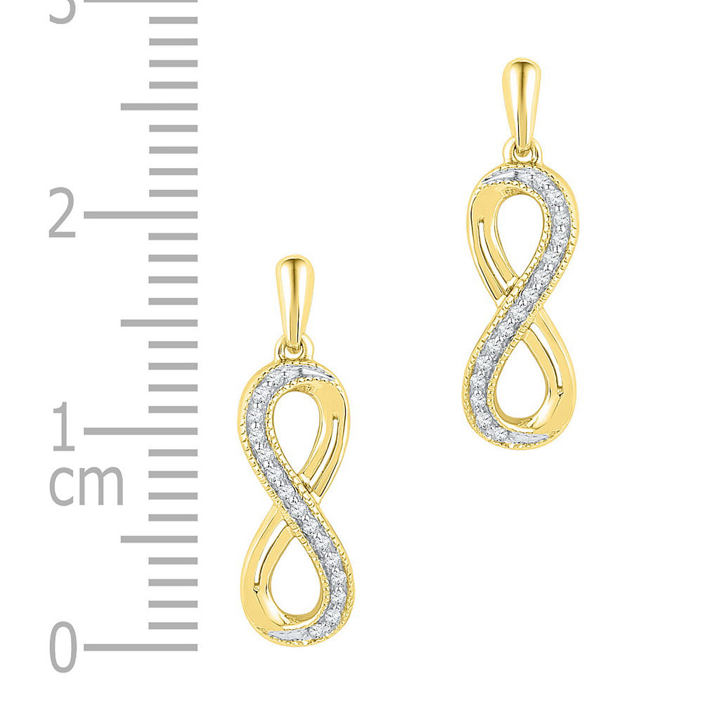 10K Yellow Gold Womens Round Diamond Infinity Dangle Earrings 1/10 Cttw
