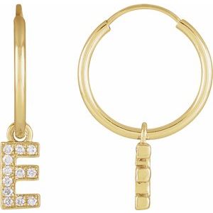 14K Yellow Gold Initial E Round .85 Mm .04 Ctw Natural Diamond Initial Hoop Earring