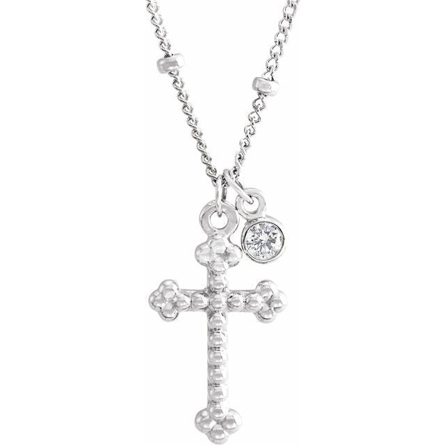14K White Gold Round 2.5Mm I1, G-H 20 In Polished .06 Ct Natural Diamond Bezel-Set Dangle And Beaded Cross Necklace
