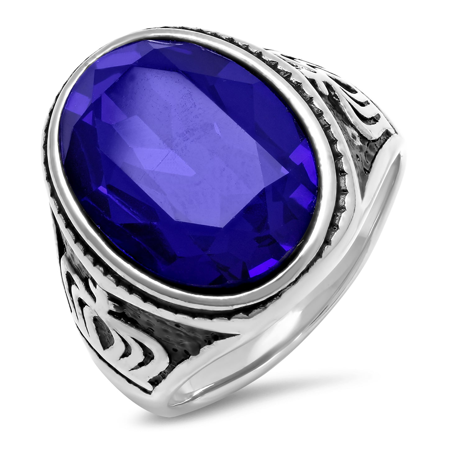 Stainless Steel Mens Oval Blue Cubic-Zirconia Sizes 9 - 12 Comfort-fit Bridal Anniversary Wedding Engagement Band Ring