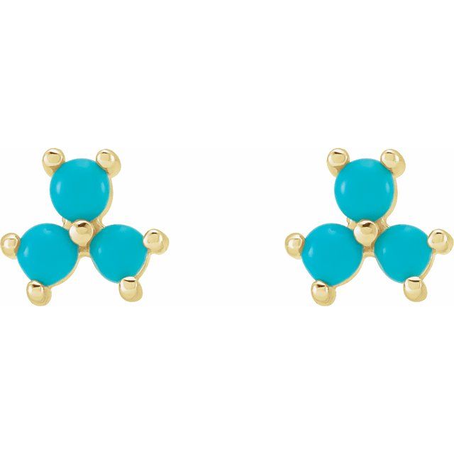14K Yellow Gold 2 Mm Round Friction Back Polished Turquoise Three-Stone Cabochon Earrings