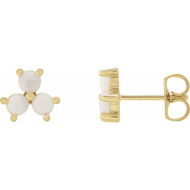 14K Yellow Gold 3 Mm Round Friction Back Polished White Opal Three-Stone Cabochon Earrings