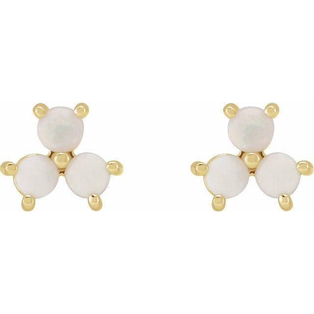 14K Yellow Gold 3 Mm Round Friction Back Polished White Opal Three-Stone Cabochon Earrings