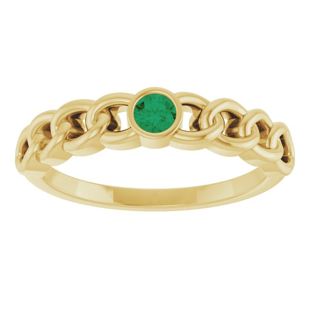 14K Yellow Gold Round 3 Mm Polished Natural Emerald Curb Chain Ring, Size 7