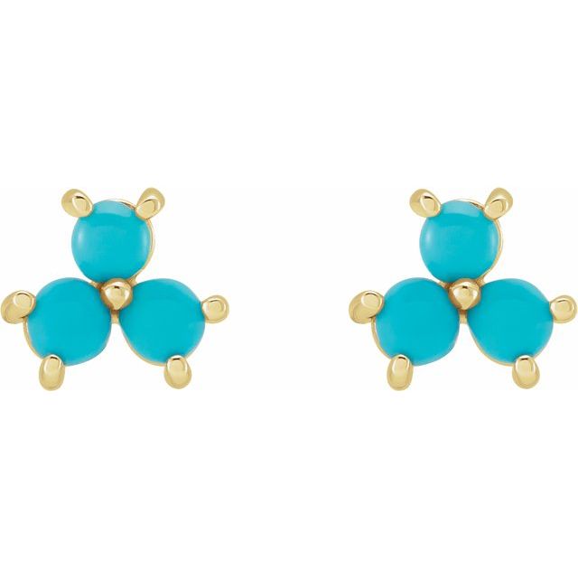 14K Yellow Gold 3 Mm Round Friction Back Polished Turquoise Three-Stone Cabochon Earrings