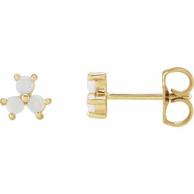 14K Yellow Gold 2 Mm Round Friction Back Polished White Opal Three-Stone Cabochon Earrings