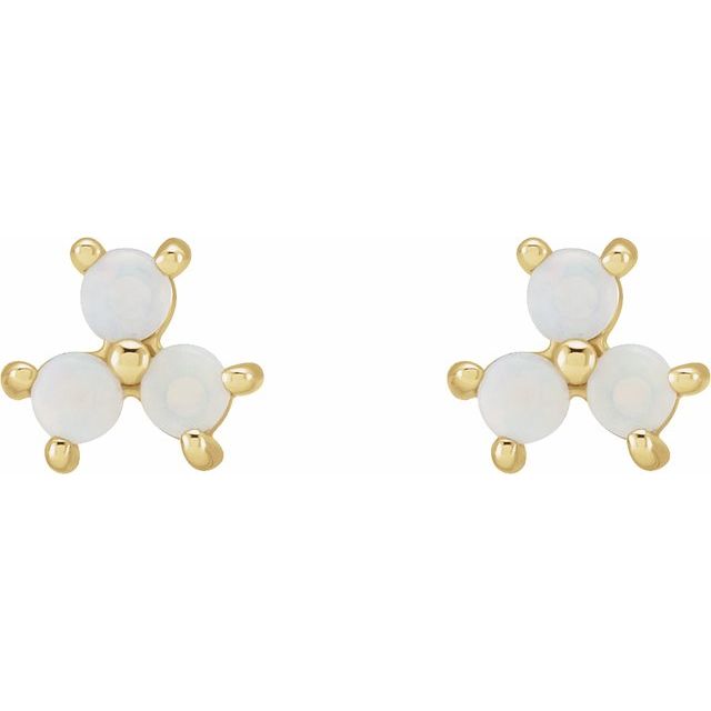14K Yellow Gold 2 Mm Round Friction Back Polished White Opal Three-Stone Cabochon Earrings