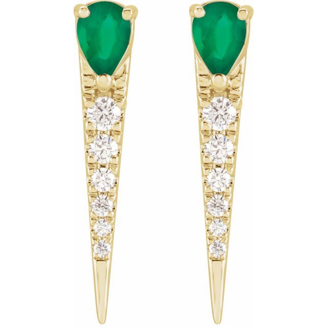 14K Yellow Gold Pear 4 X 3 Mm Friction Back Polished Natural Emerald And 1/8 Ctw Natural Diamond Spike Earrings