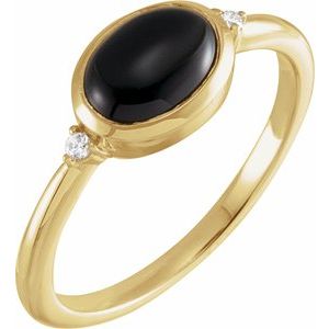 14K Yellow Gold 9x7 mm Round Natural Black Onyx & .03 CTW Natural Diamond Bezel-Set Cabochon Ring Size 7