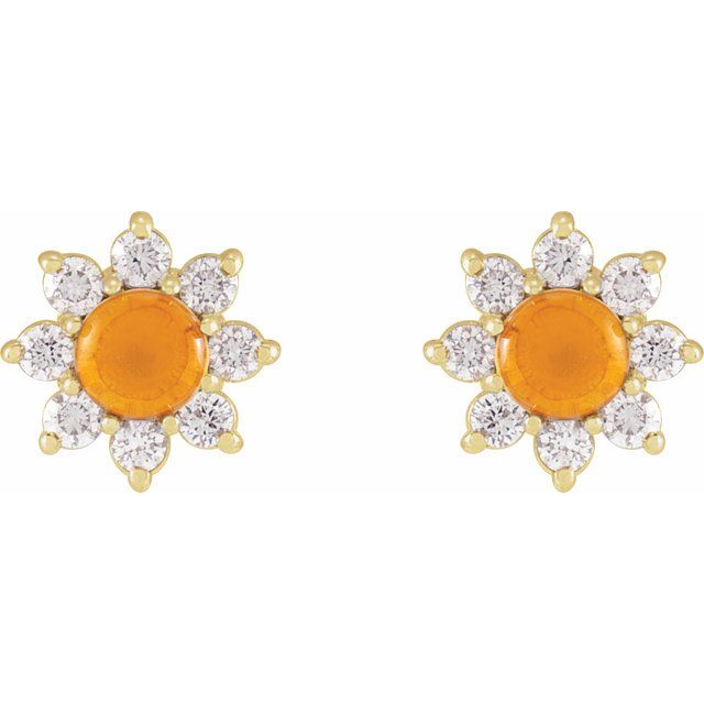 14K Yellow Gold 3 Mm Round Friction Back Polished Natural Citrine And 1/8 Ctw Natural Diamond Cabochon Flower Earrings