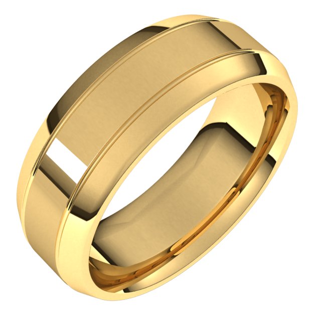 14K White Or Yellow Gold 7 Mm Polished Comfort-Fit Beveled Edge Carved Band With Satin Finish