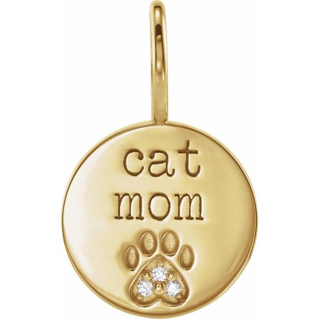 14K Yellow Or White Gold Or Sterling Silver Cat Mom Round 1 Mm I1, G-H Polished .01 Ctw Natural Diamond Engraved Paw Print Charm/Pendant