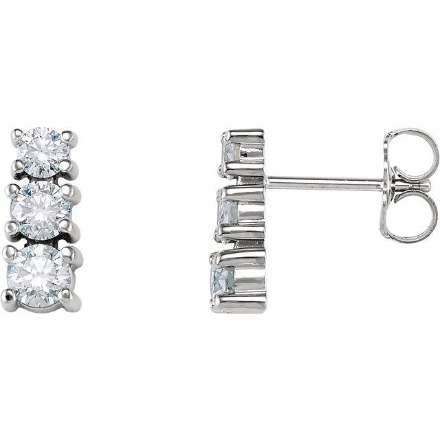 14K White Gold 3.6 Mm Round Friction Back Polished 7/8 Ctw Natural Diamond Three-Stone Earrings