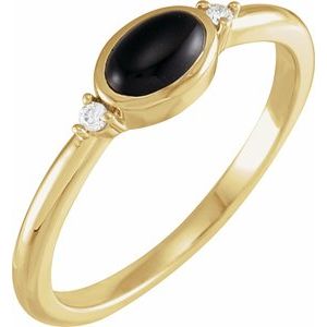 14K Yellow Gold 5x3 mm Round Natural Black Onyx & .03 CTW Natural Diamond Bezel-Set Cabochon Ring Size 7