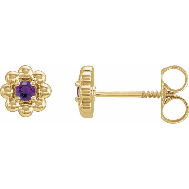 14K Yellow Gold 2 Mm Round Threaded Back Polished Natural Amethyst Petite Flower Beaded Earrings