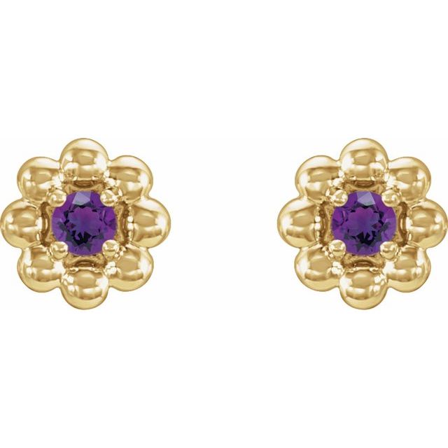 14K Yellow Gold 2 Mm Round Threaded Back Polished Natural Amethyst Petite Flower Beaded Earrings