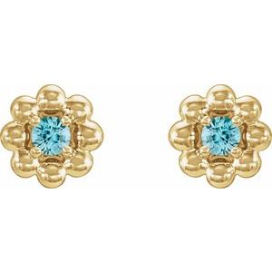 14K Yellow Gold Round 2 Mm Natural Blue Zircon Petite Flower Beaded Earrings