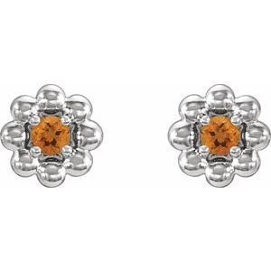 14K White Gold Round 2 Mm Citrine Petite Flower Beaded Earrings