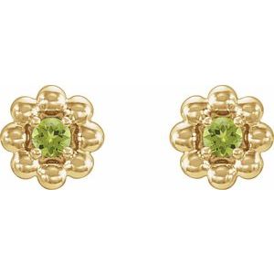 14K Yellow Gold Round 2 Mm Natural Peridot Petite Flower Beaded Earrings