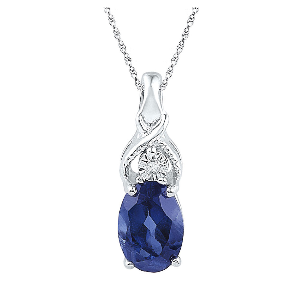 10K White Gold Womens Oval Synthetic Blue Sapphire Solitaire Diamond Pendant 7/8 Cttw