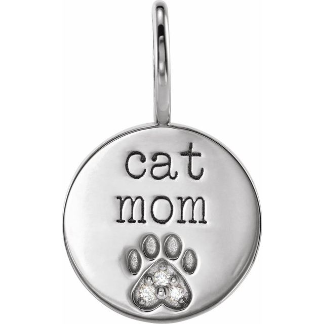 14K Yellow Or White Gold Or Sterling Silver Cat Mom Round 1 Mm I1, G-H Polished .01 Ctw Natural Diamond Engraved Paw Print Charm/Pendant