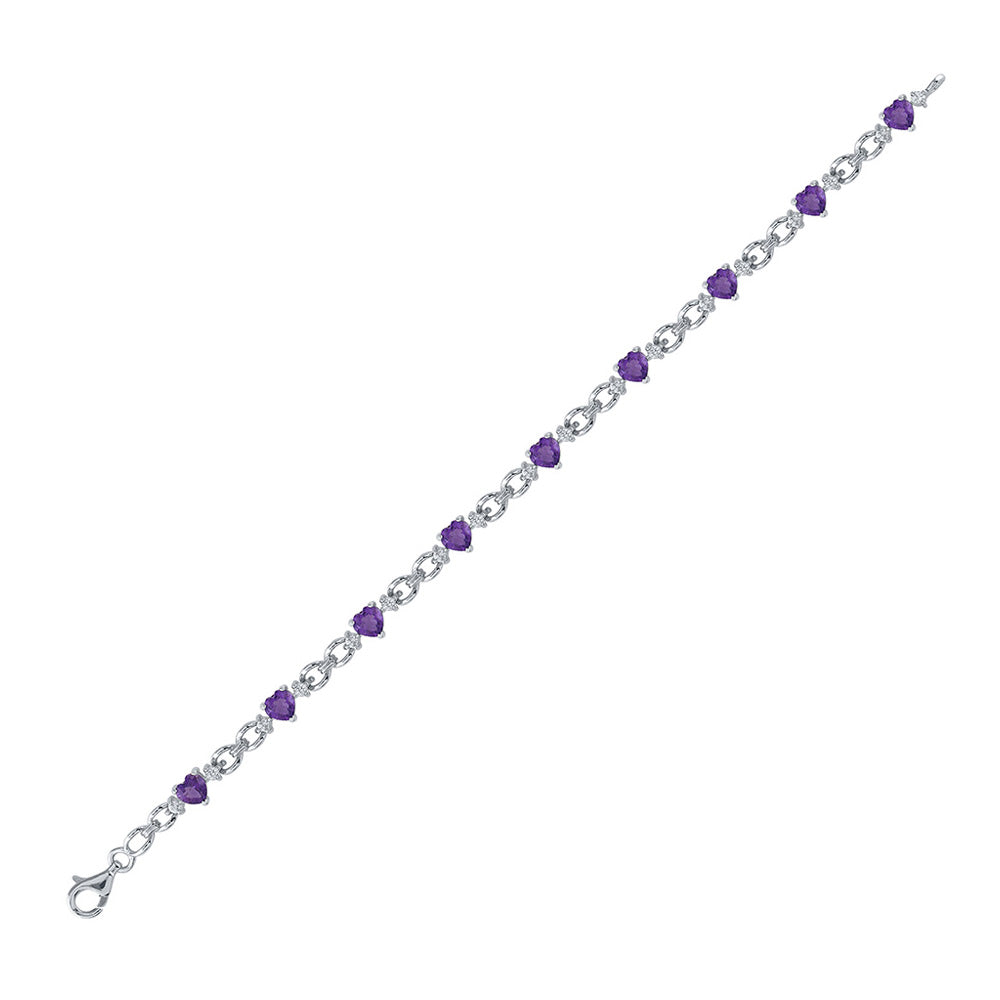 Sterling Silver Womens Heart Synthetic Amethyst Heart Bracelet 5-1/2 Cttw