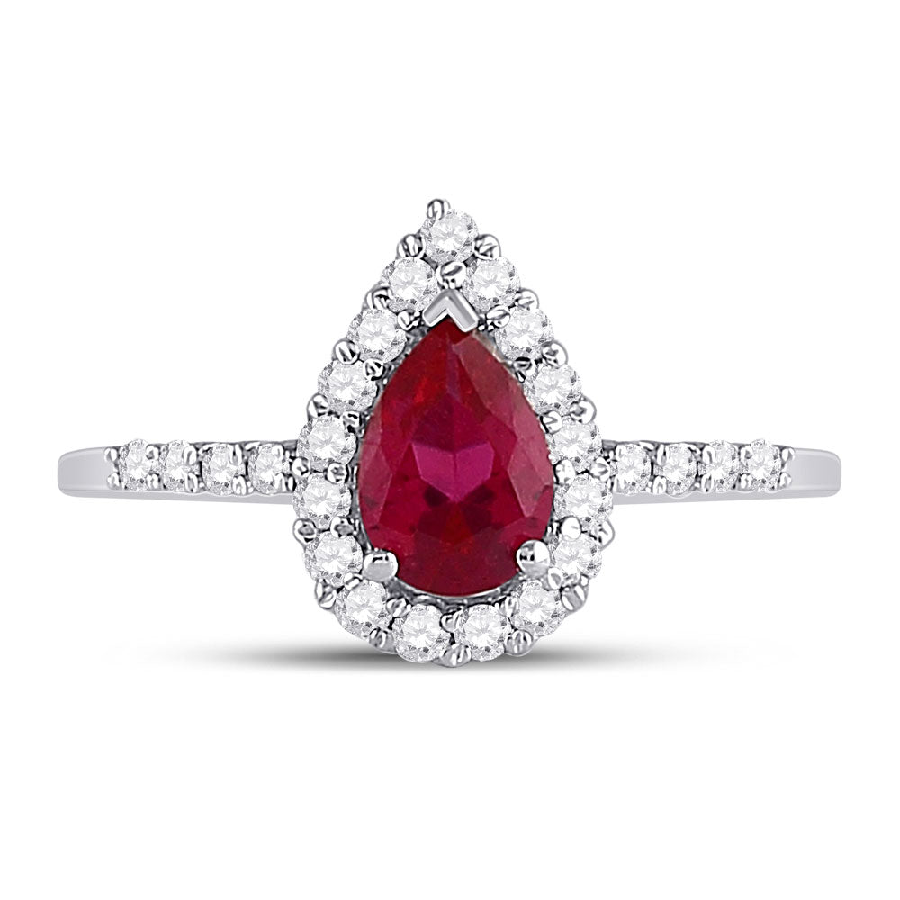 10K White Gold Womens Pear Synthetic Ruby Solitaire Diamond Frame Ring 1-1/5 Cttw, Womens Size: 5-10