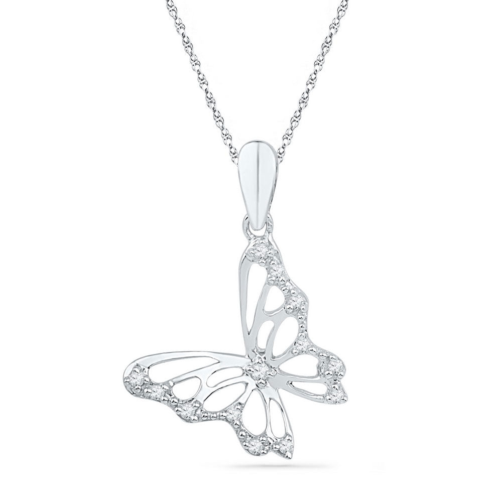 10K White Or Yellow Gold Womens Round Diamond Butterfly Pendant