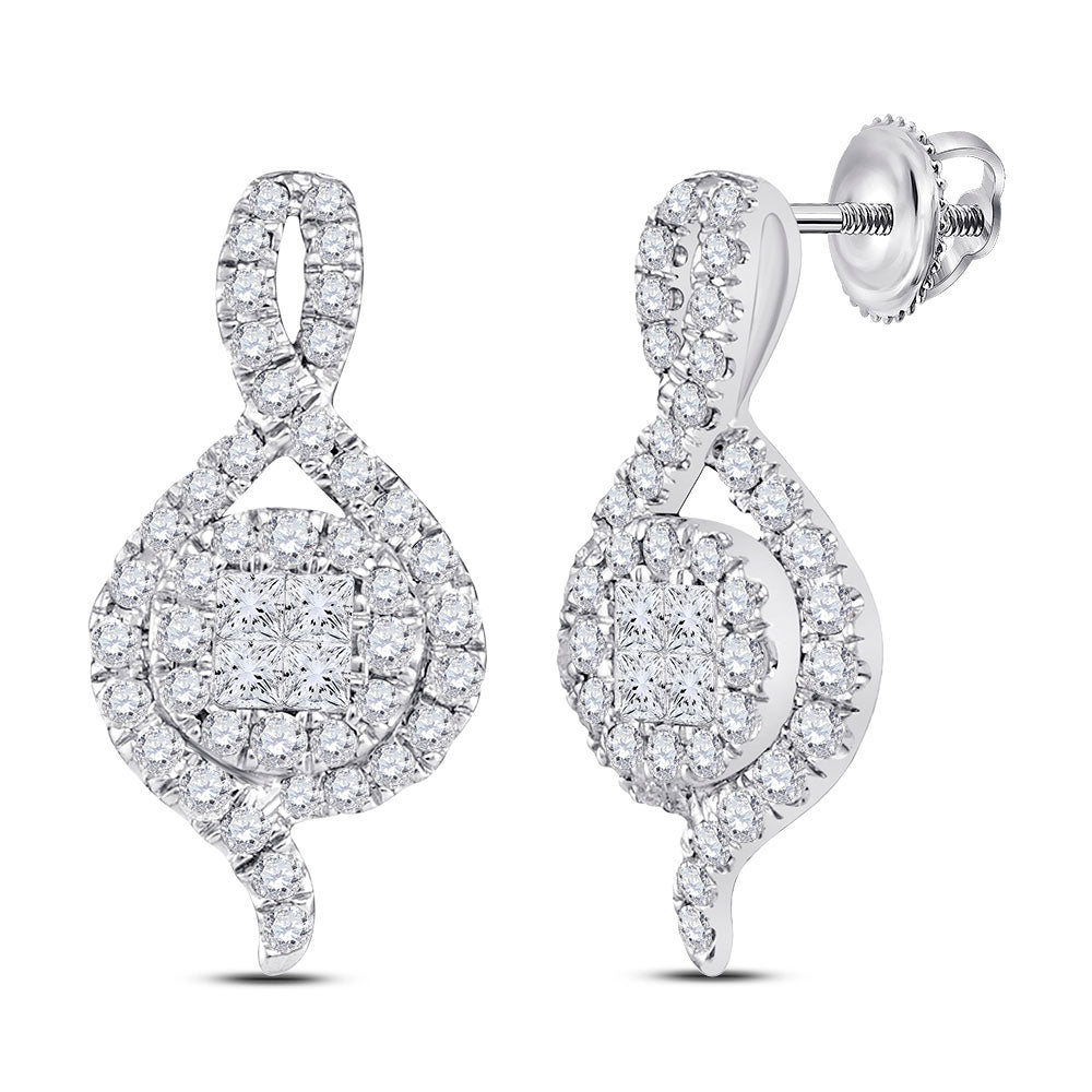 14K White Gold Womens Princess Round Diamond Cluster Earrings 1/2 Cttw