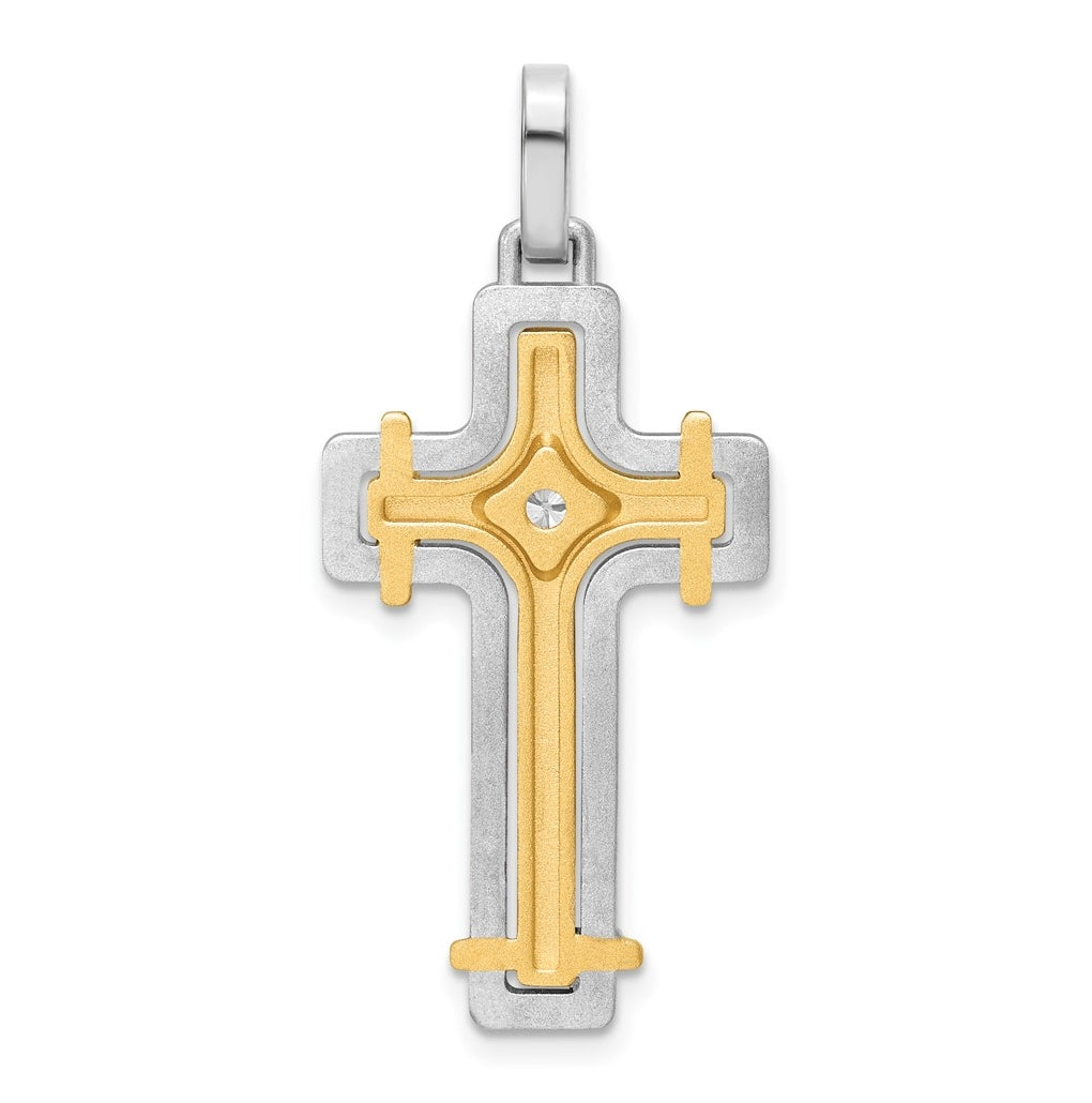 14K Two-tone IBGoodman Brush & Polish Lab Grown Dia. Cross Pendant