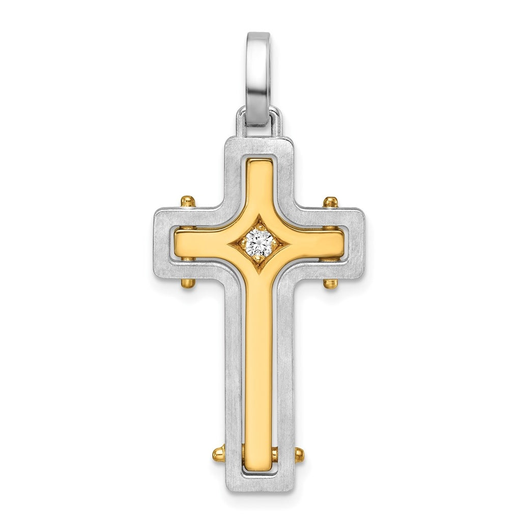 14K Two-tone IBGoodman Brush & Polish Lab Grown Dia. Cross Pendant